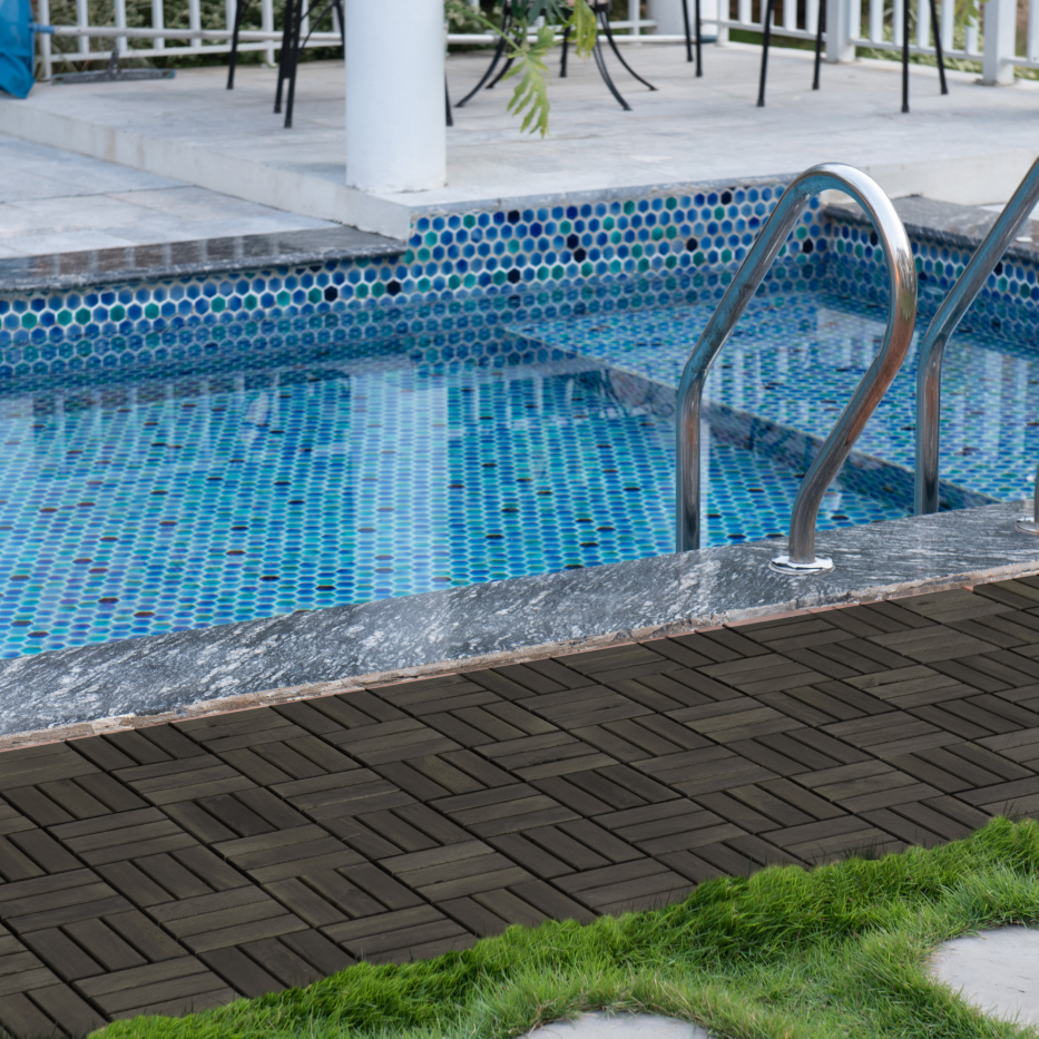 Acacia Wood Interlocking Deck Tiles Checker Pattern, 30 PCS 12inch X 12inch Dark Brown Square Acacia Hardwood Outdoor Flooring For Patio, Bancony, Pool Side