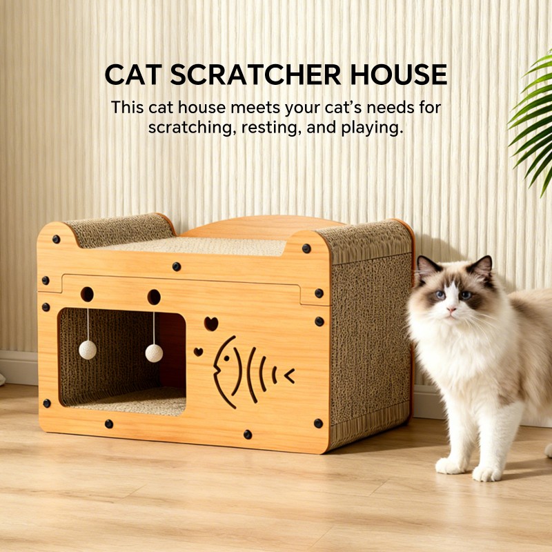 56cm Bubble Fish Shape Cat Scratcher Sofa, With 2 Teaser Balls, Wood -Corrugated Scratcher, Cat Claw Care - Resting Toy