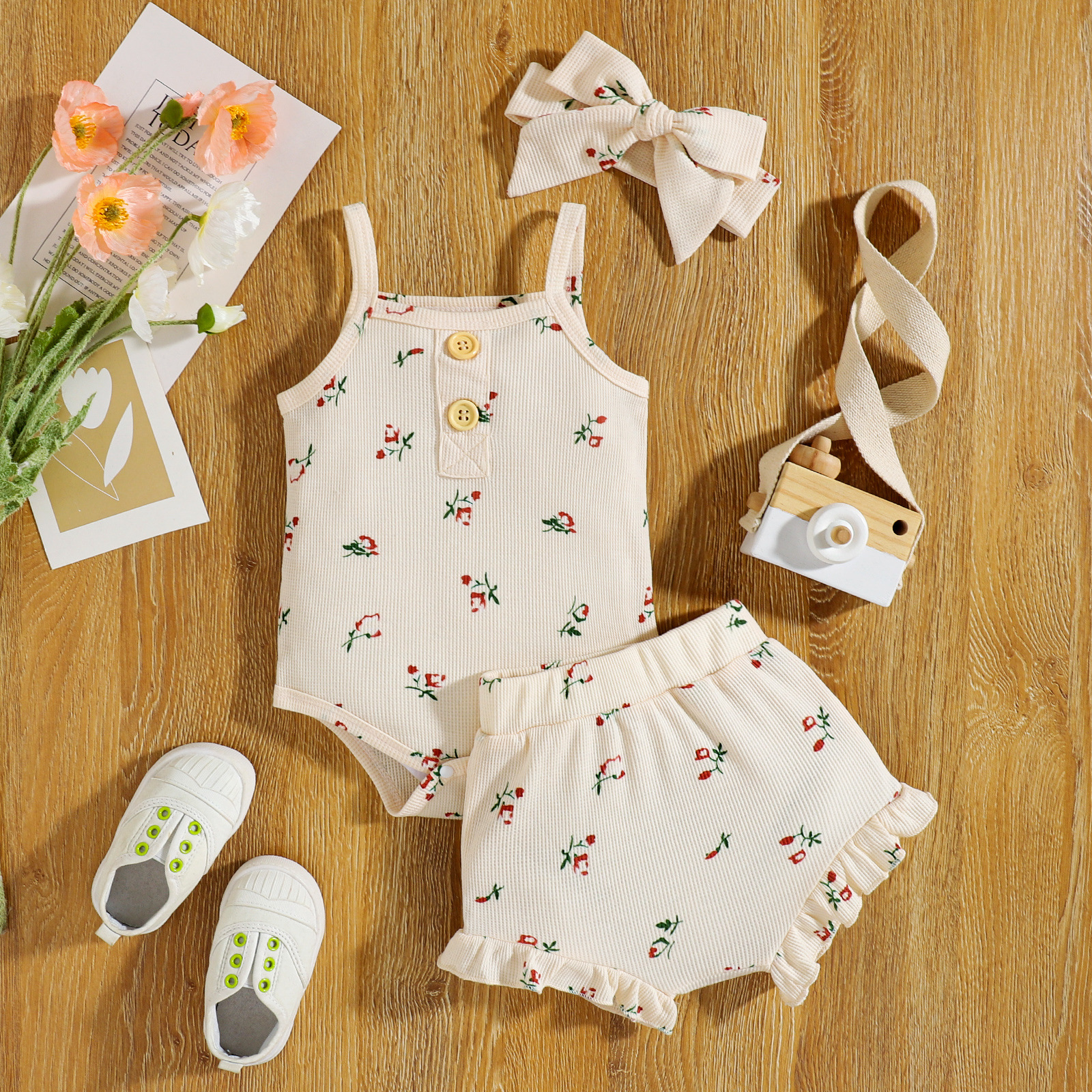 Title 3, Infant Set Waffle Floral Print Suspenders Three...