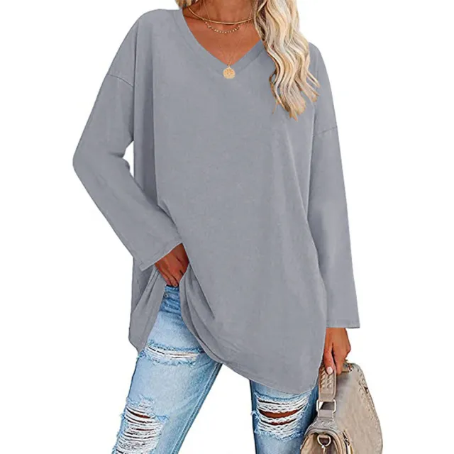 Solid Color Loose Drop Shoulder Sleeve V Neck Long Sleeve Blouse Light Grey - Shop at LoveMi