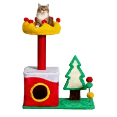 29.5in Christmas Themed Plush Cat Tree, Multi-level Cat Tower With Cat Condo, Top Crown Perch, Sisal Scratching Posts, Cat Pet Activity Center For ... - View 1