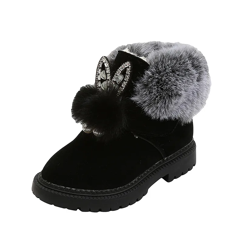 Children's Snow Boots, Flat-bottomed Girls, Princess Cotton Shoes, Fashion Thickening And Velvet Short-tube Baby Boots - Black