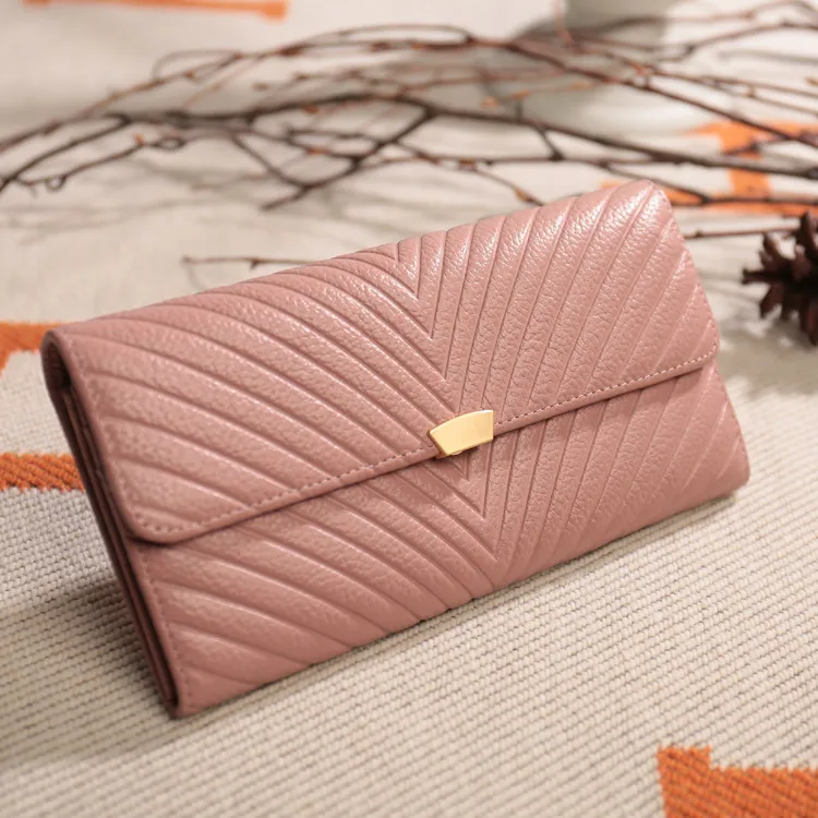 Large-capacity Leather Zipper Two-fold Long Clutch - Pink