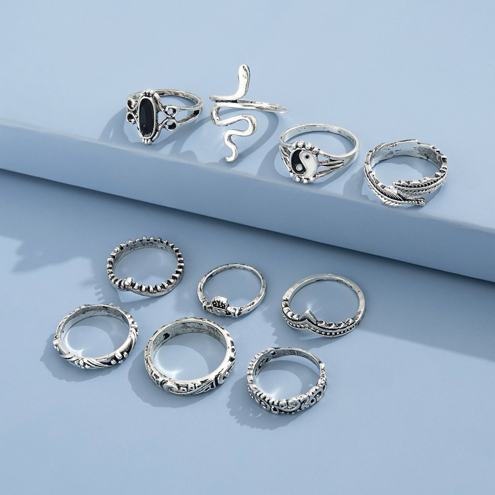 Female Personality Trend Gossip Dripping Oil Feather Snake Carving Ring 10pcs