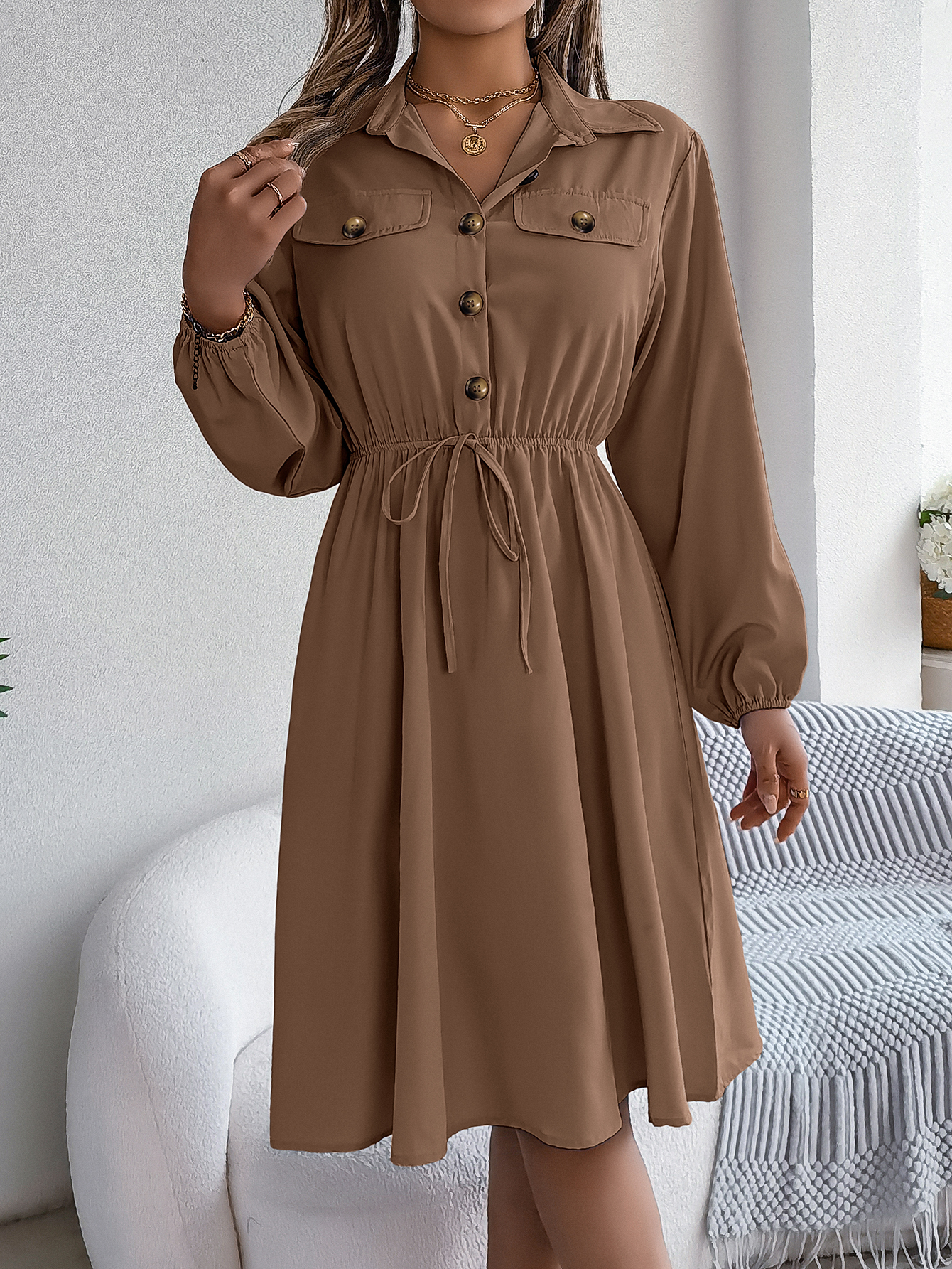 Women  Casual Button Tie Waist Long Sleeve Shirt Dress
