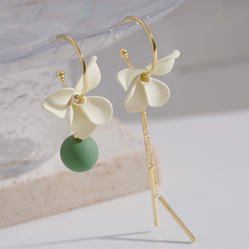 Title 4, Asymmetric Flower Ball Tassel Earrings