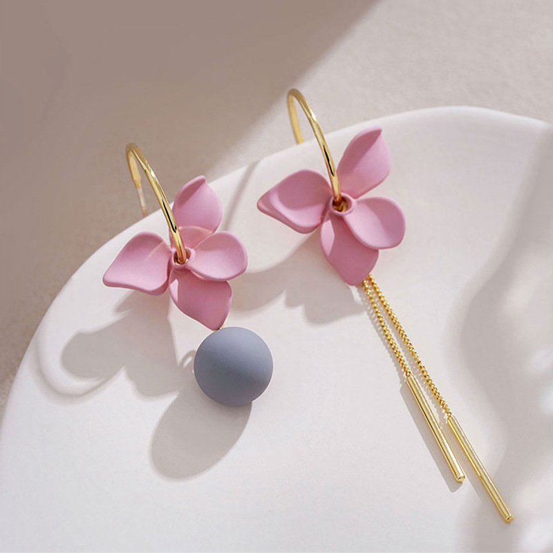 Title 5, Asymmetric Flower Ball Tassel Earrings