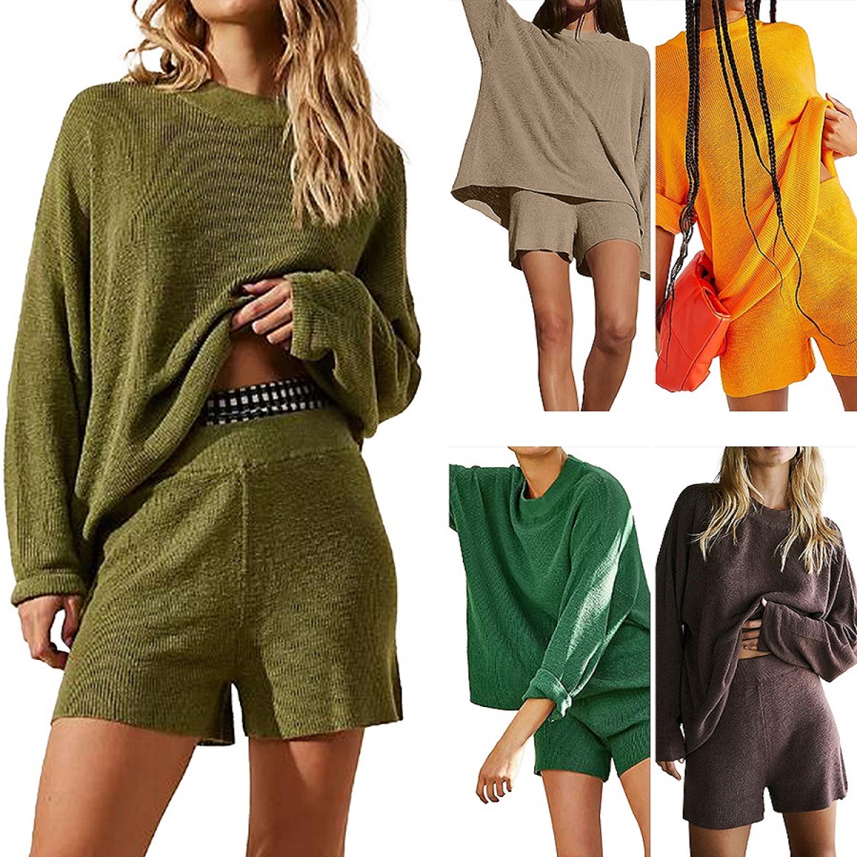 Title 6, Casual Multicolor Long Sleeve Shorts Knitting Suit