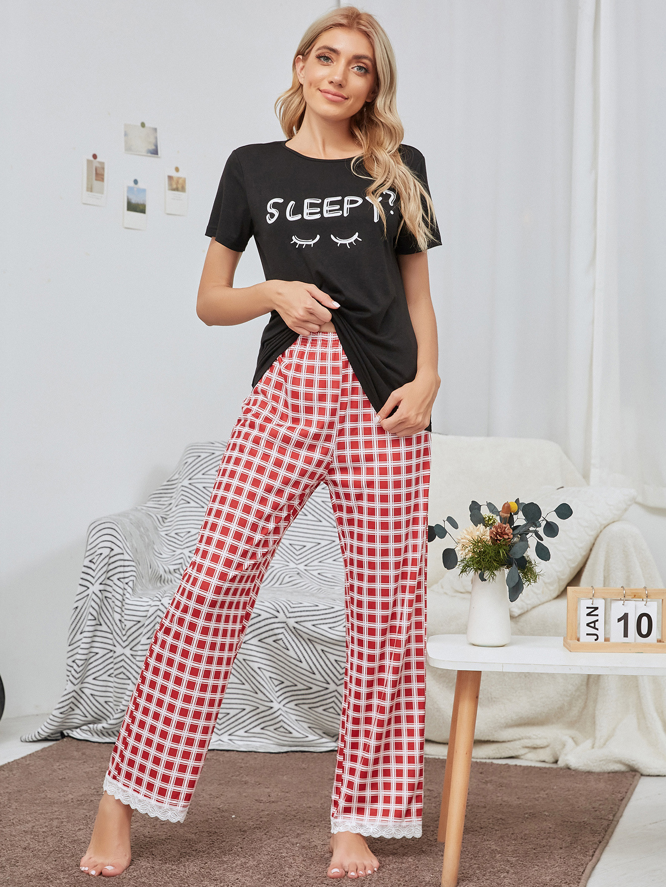 Title 2, Home Wear Suit Casual Plaid Printed Pajamas