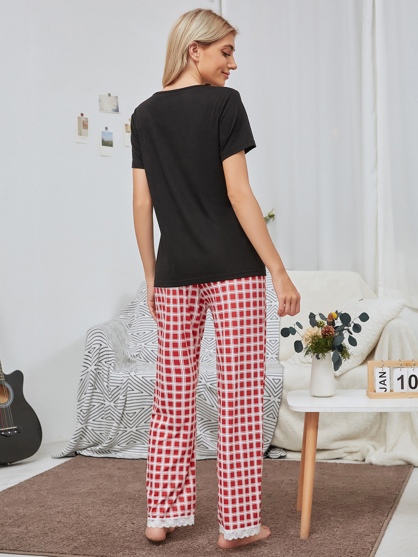 Title 3, Home Wear Suit Casual Plaid Printed Pajamas