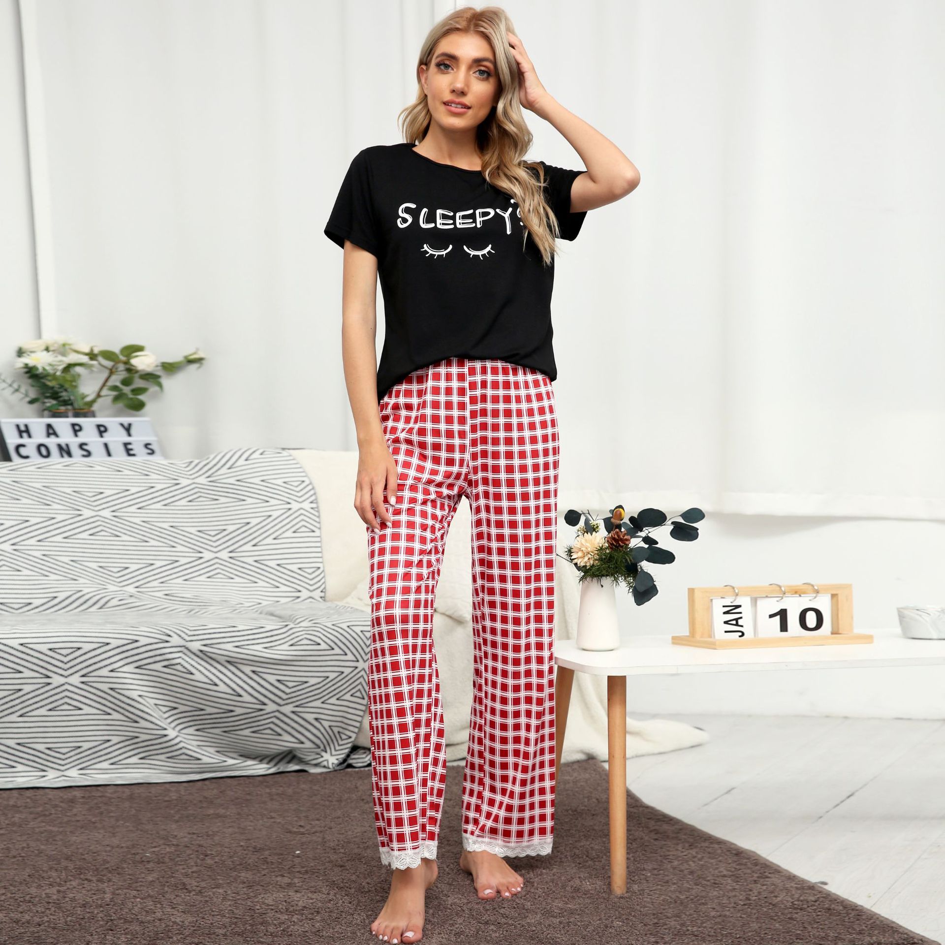 Title 5, Home Wear Suit Casual Plaid Printed Pajamas