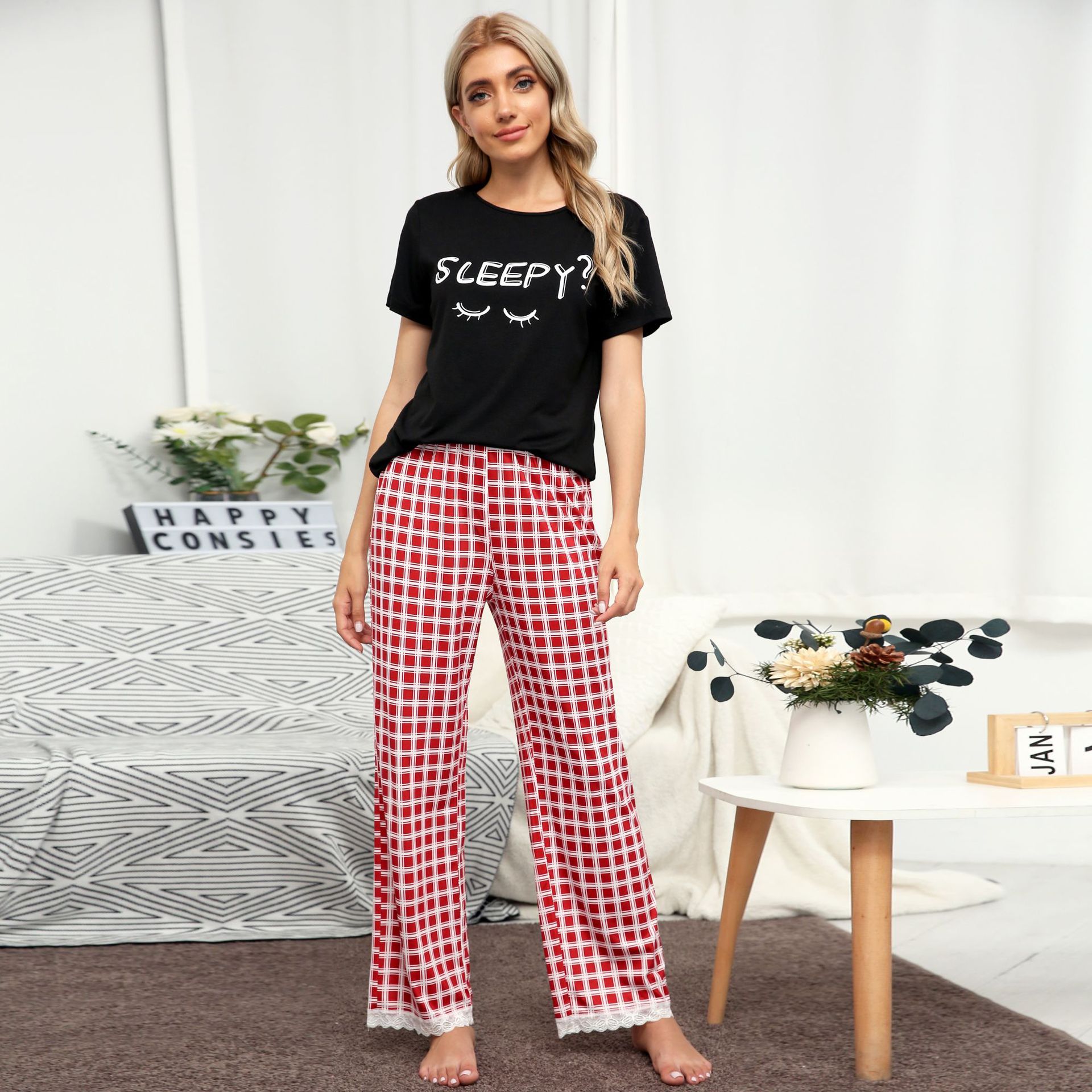 Title 7, Home Wear Suit Casual Plaid Printed Pajamas