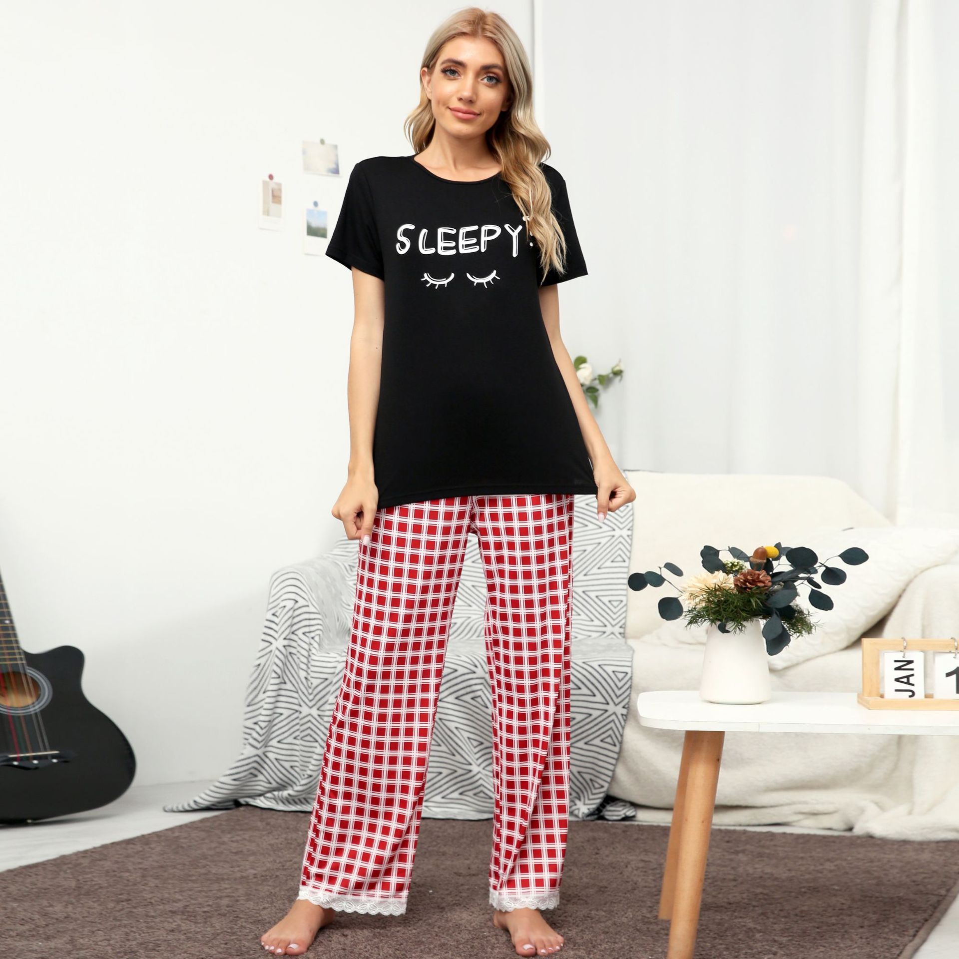 Title 8, Home Wear Suit Casual Plaid Printed Pajamas