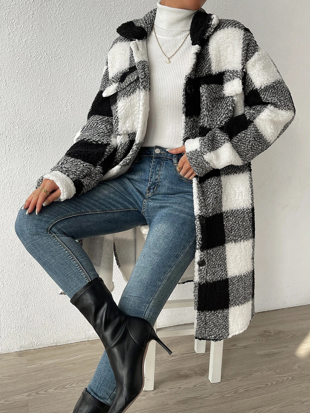 Title 4, Autumn And Winter Open Button Lapel Plush Plaid...