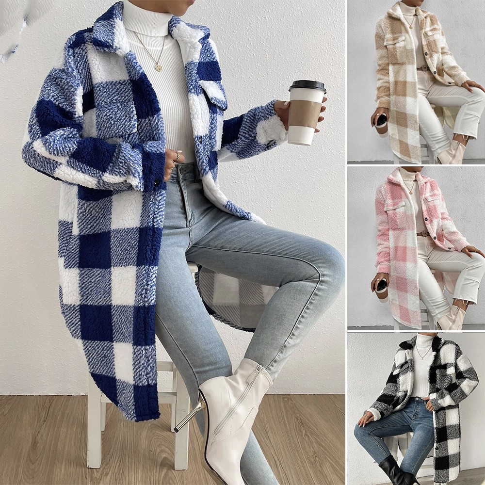 Title 6, Autumn And Winter Open Button Lapel Plush Plaid...