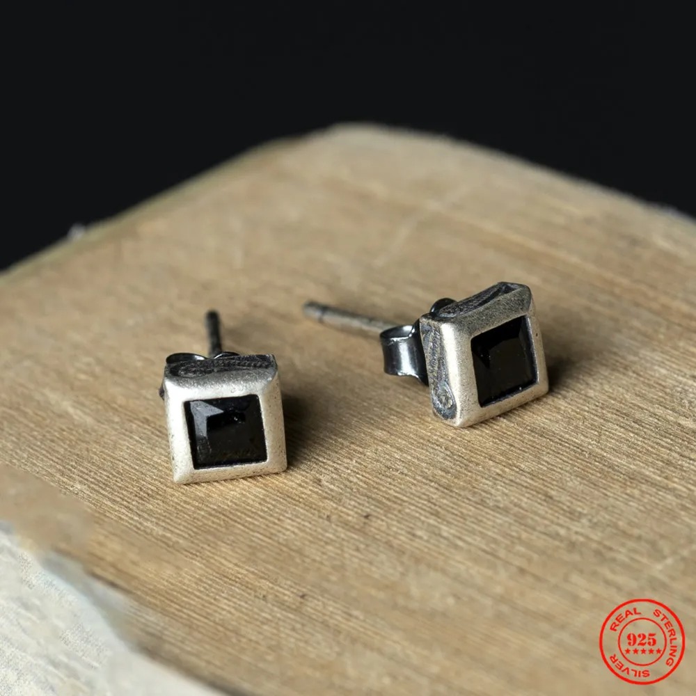 Title 5, S925 Sterling Silver Square Black Diamond Unise...