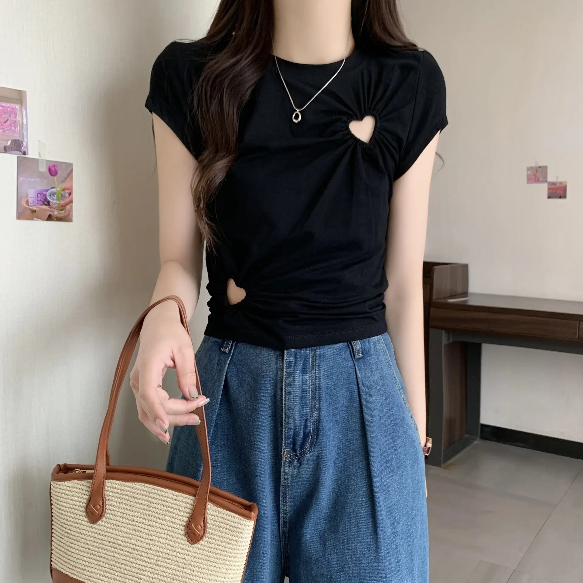Women's Summer Hollowed Heart Shape Design Peplum Top T-shirt