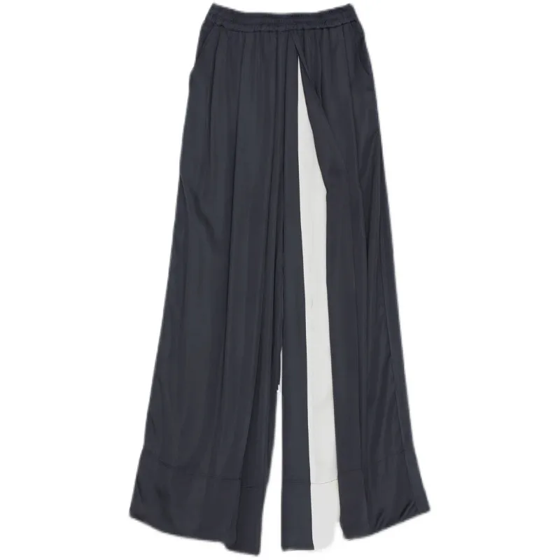 Loose Wide-leg Pants Women's Color Matching Silky Casual Trousers - Navy