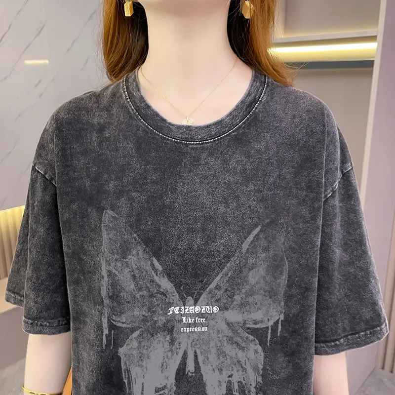 Pure Cotton Heel Wrapped Collar Washed Distressed Short-sleeved Top