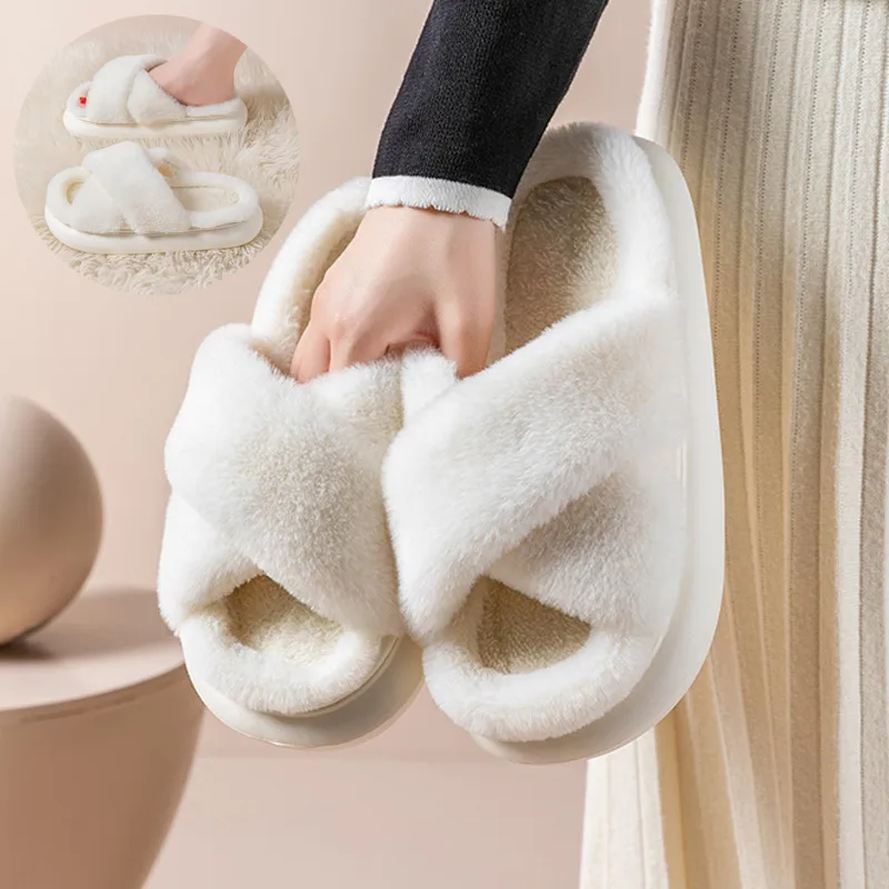 Women's Platform Fuzzy Home Slippers Winter Open Toe Criss-cross