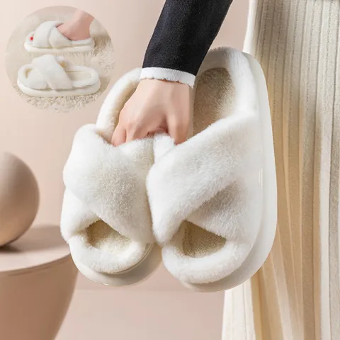 Women's Platform Fuzzy Home Slippers Winter Open Toe Criss-cross