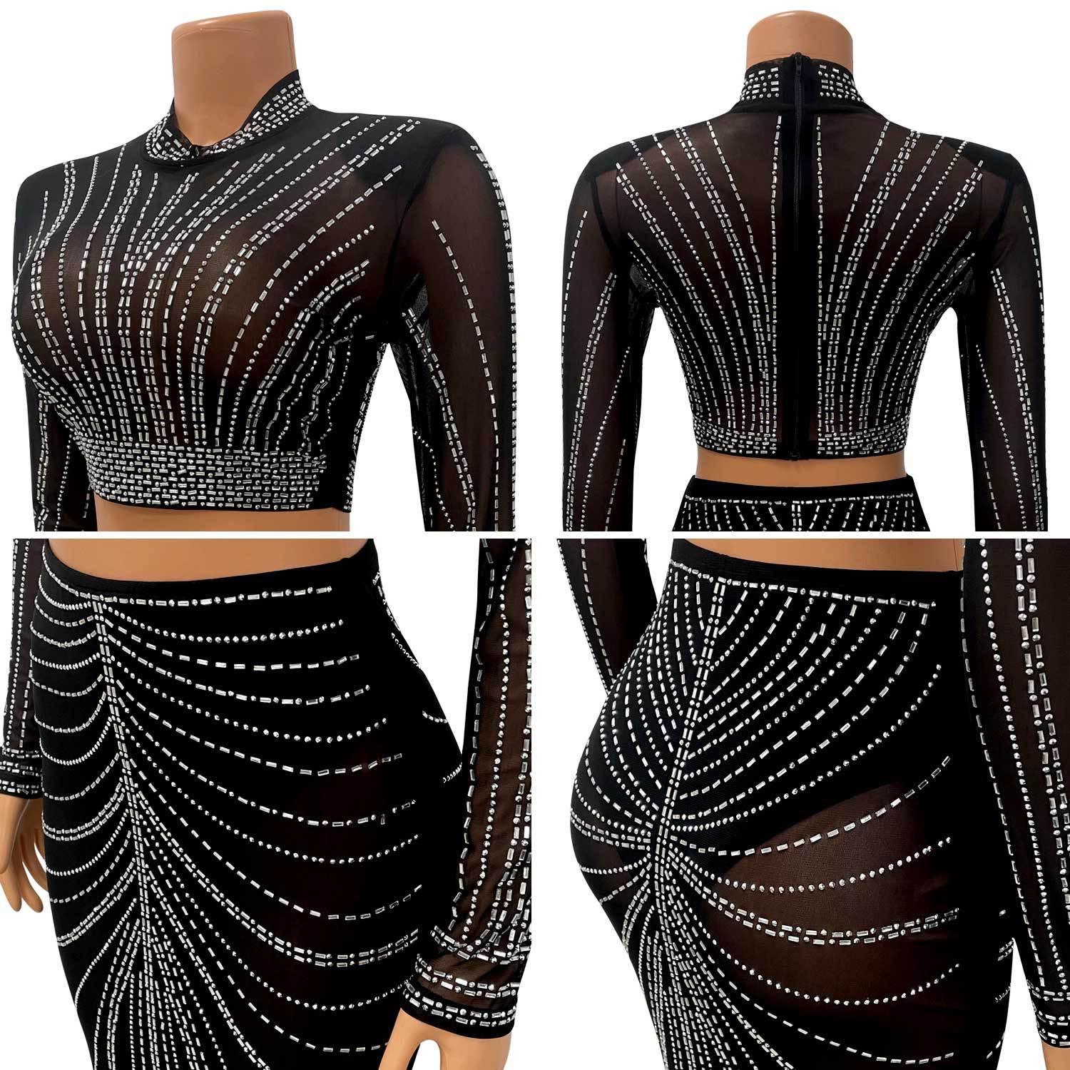 Title 2, Womens Long Sleeve Mesh Rhinestone Two-Piece S...