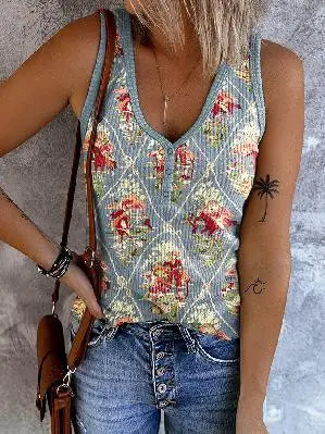 Women's Clothing Abstract Printing Casual V-neck Women's Sleeveless Vest