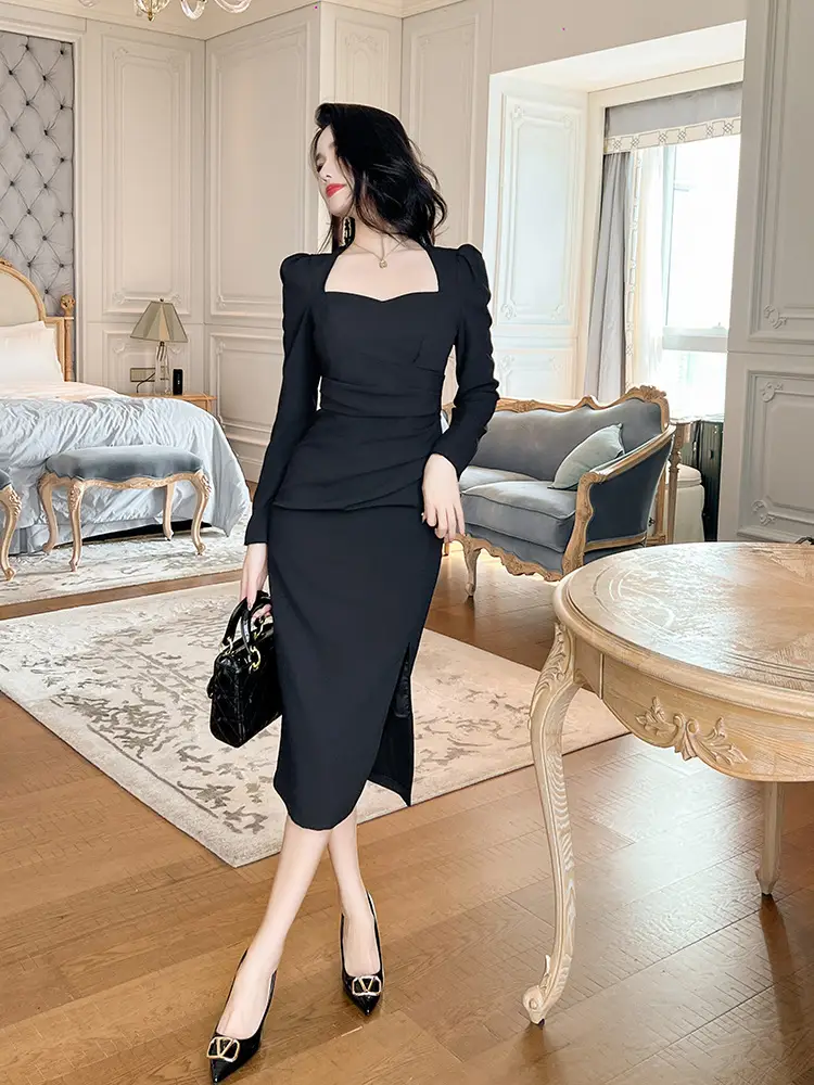 Women's Fashion Temperament Square Collar Below The Knee Slim Fit Sheath Long Sleeve Dress