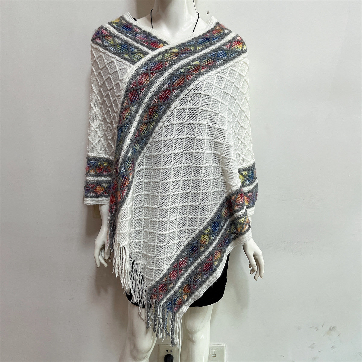 Title 6, Idle Style V-neck Tassel Rainbow Cape Sweater F...