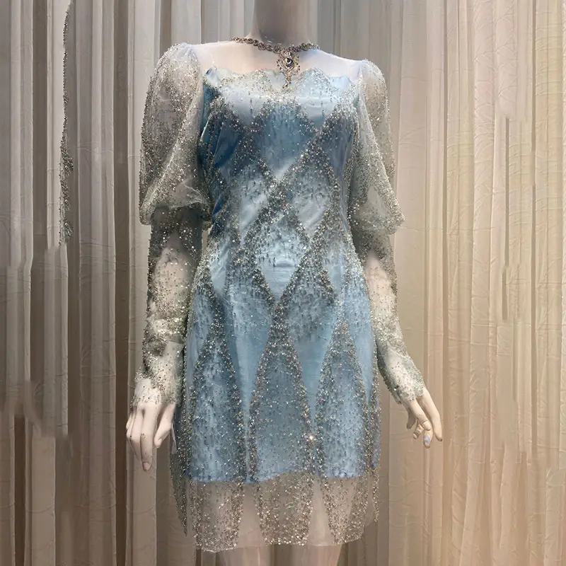 Rhinestone Embellished Dress Fairy Bright Bead Puff Sleeve Jumpsuit Short Skirt