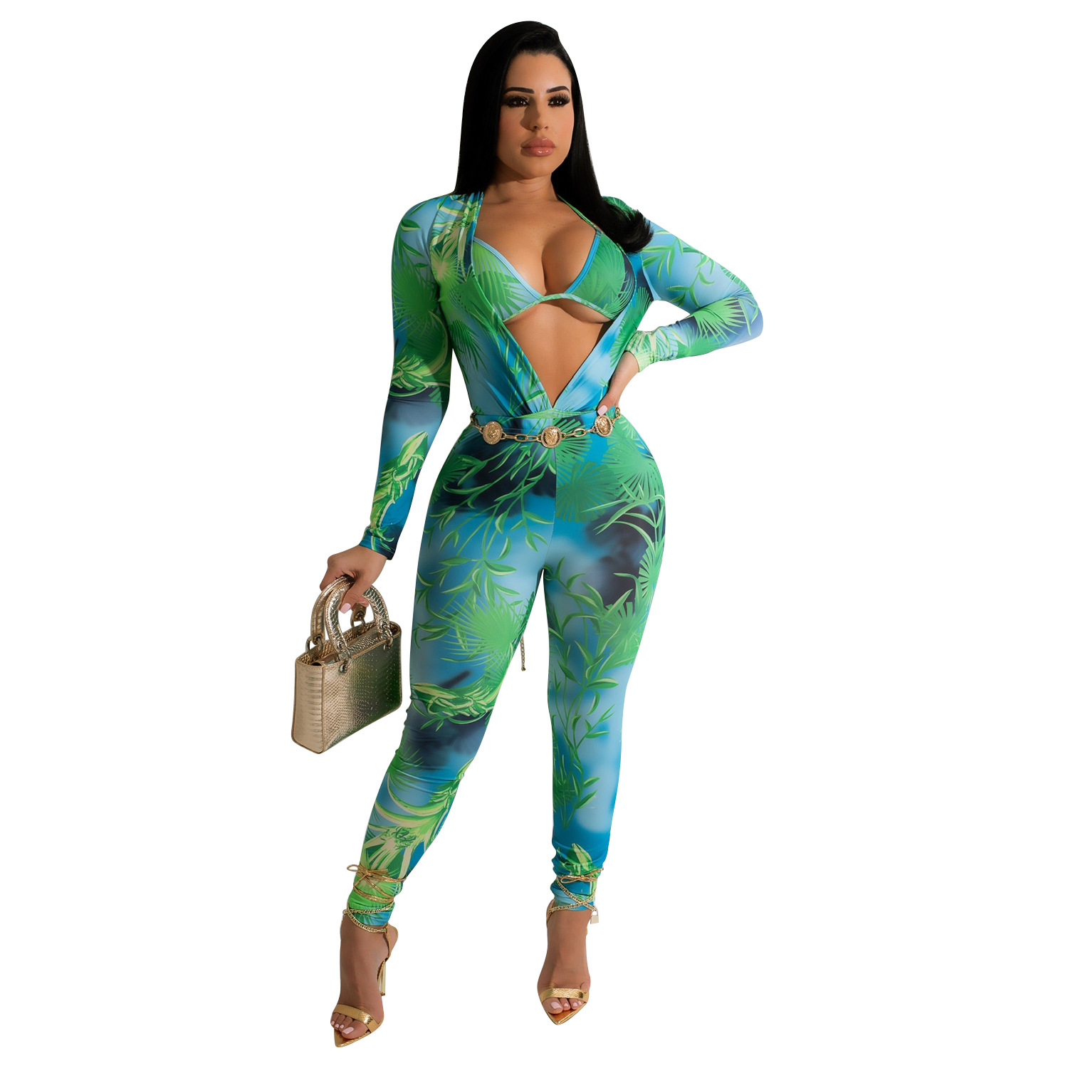 Title 7, Printed Jumpsuit Long Sleeve Blouse and Pants A...