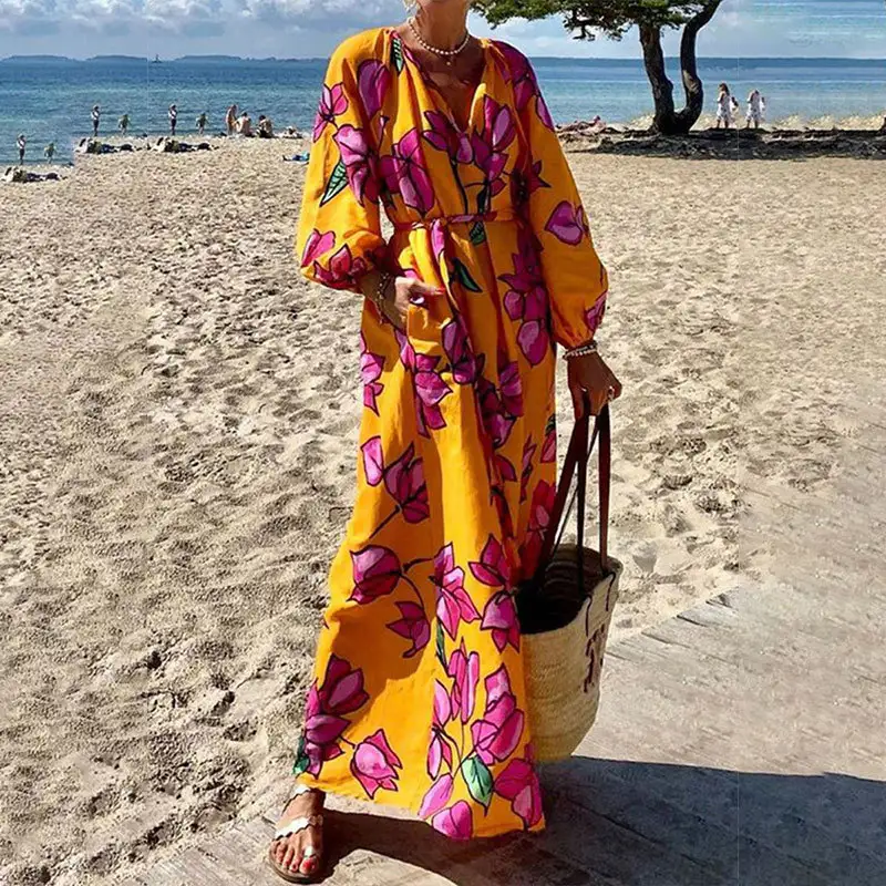 Fall New Fashion Casual Vacation Style Sexy V-neck Long Sleeve Loose Dress