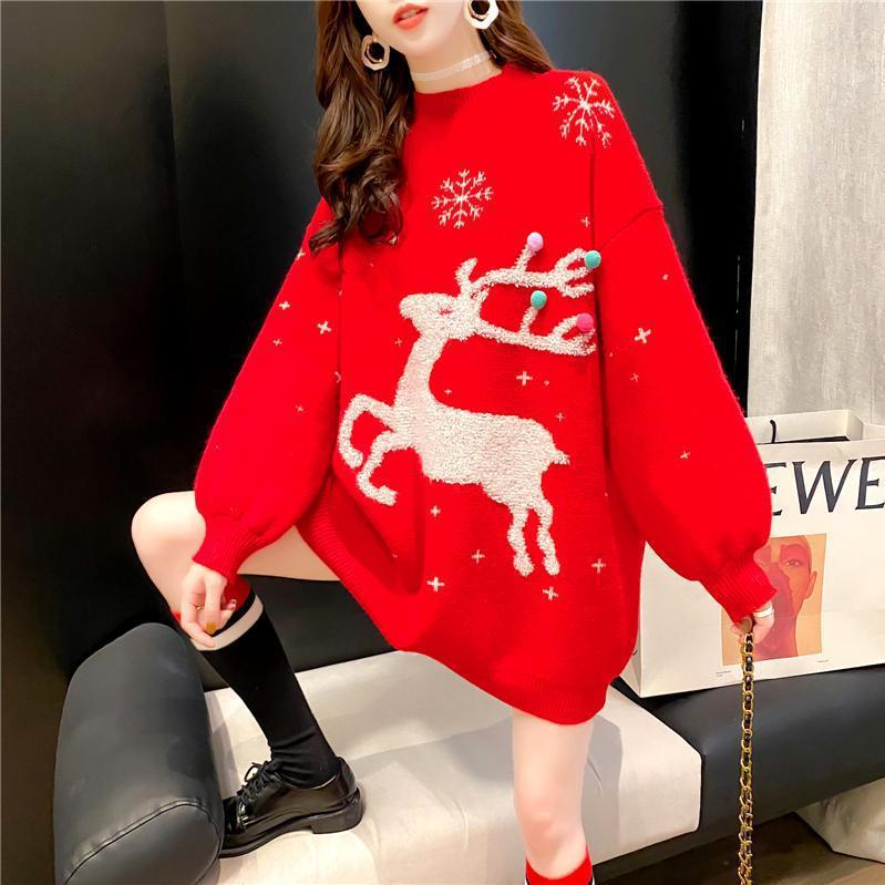 Women's Christmas Tree Fawn Jacquard Loose Pullover Sweater