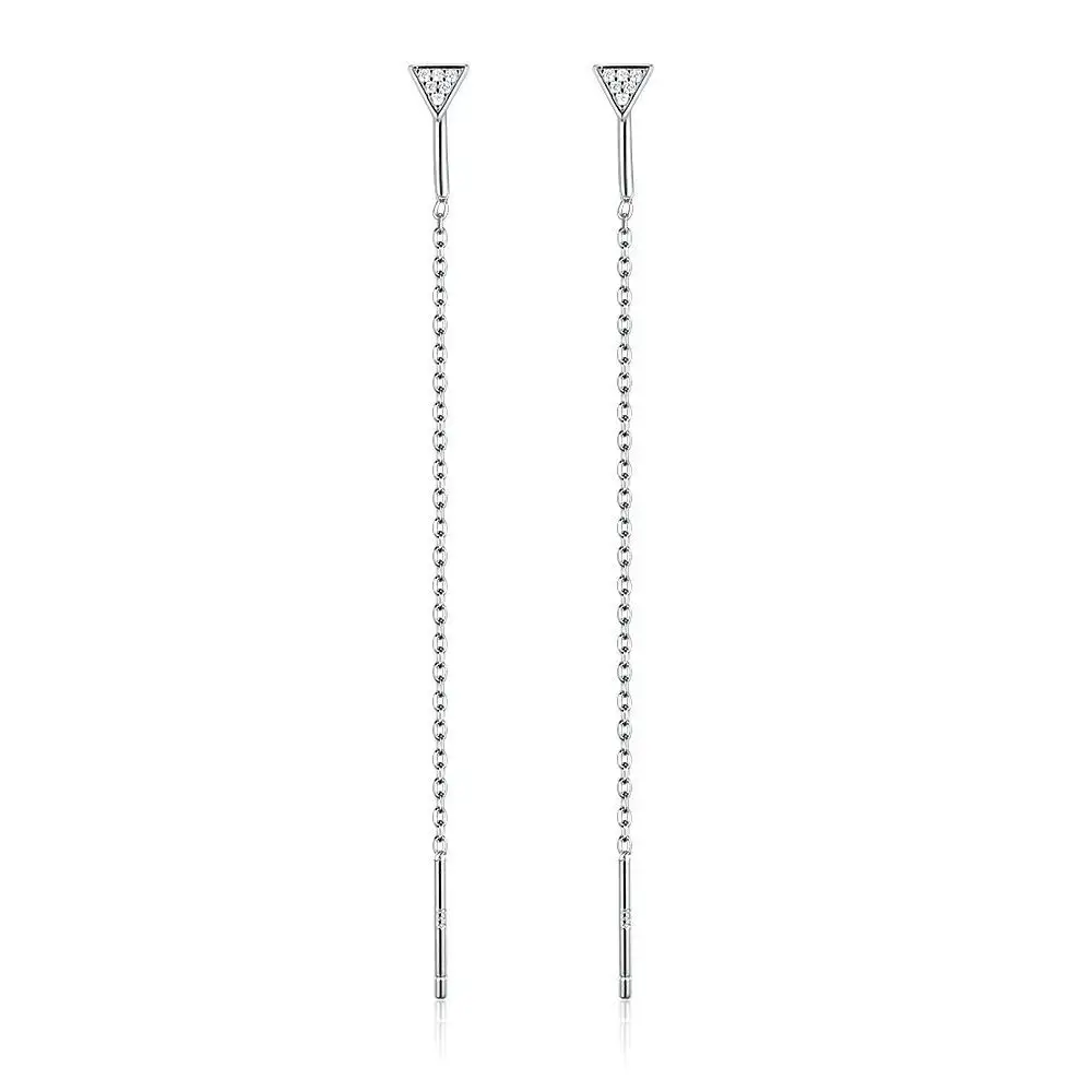 S925 Silver Stud Earrings Long Tassel Triangle Zircon EAR Thread