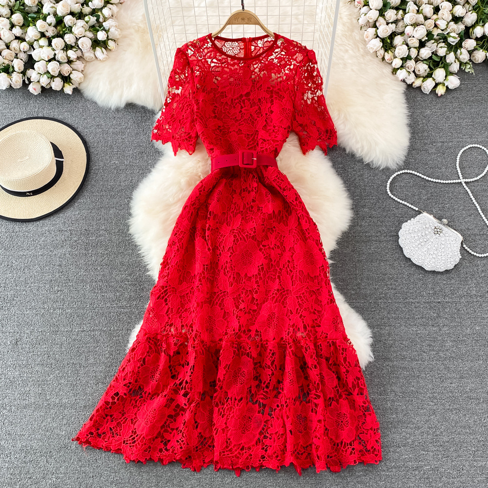 Summer Ladies Round Neck Crocheted Hollow Lace Dress