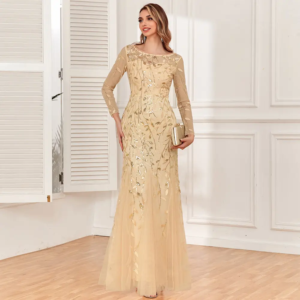 Long Sleeve Round Neck Back Zipper Fishtail Dress Banquet Evening Dress