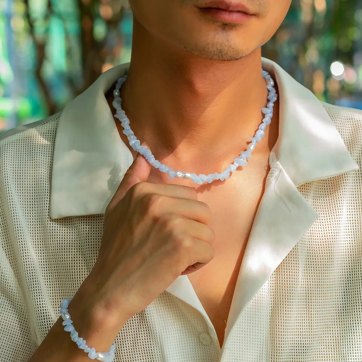 European And American Turquoise Pearl Necklace Hip Hop Niche Design Simple