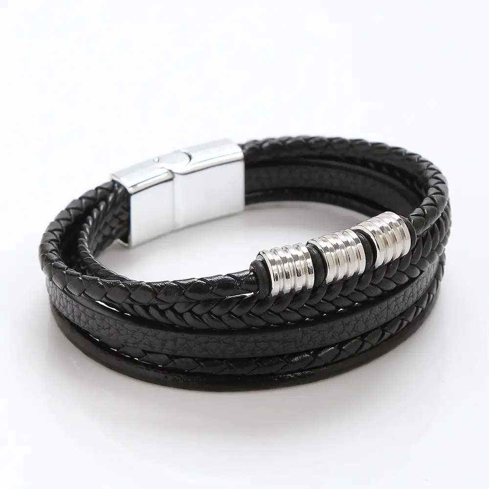 Popular Stainless Steel Woven Leather Magnetic Buckle Bracelet