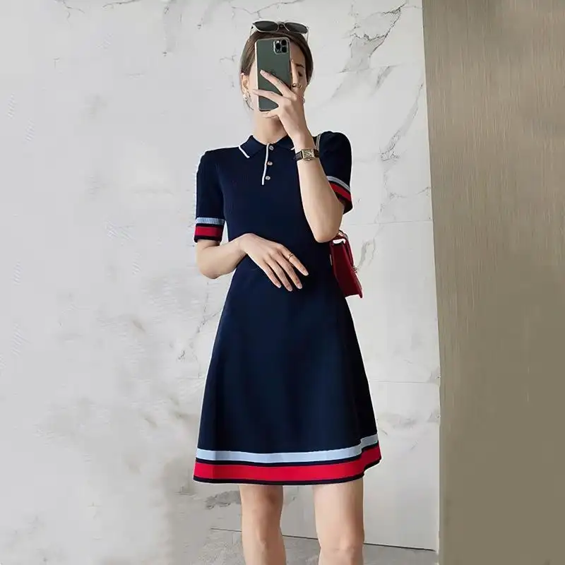 French Style Platycodon Grandiflorum Contrast Color Knitted Ice Silk Dress