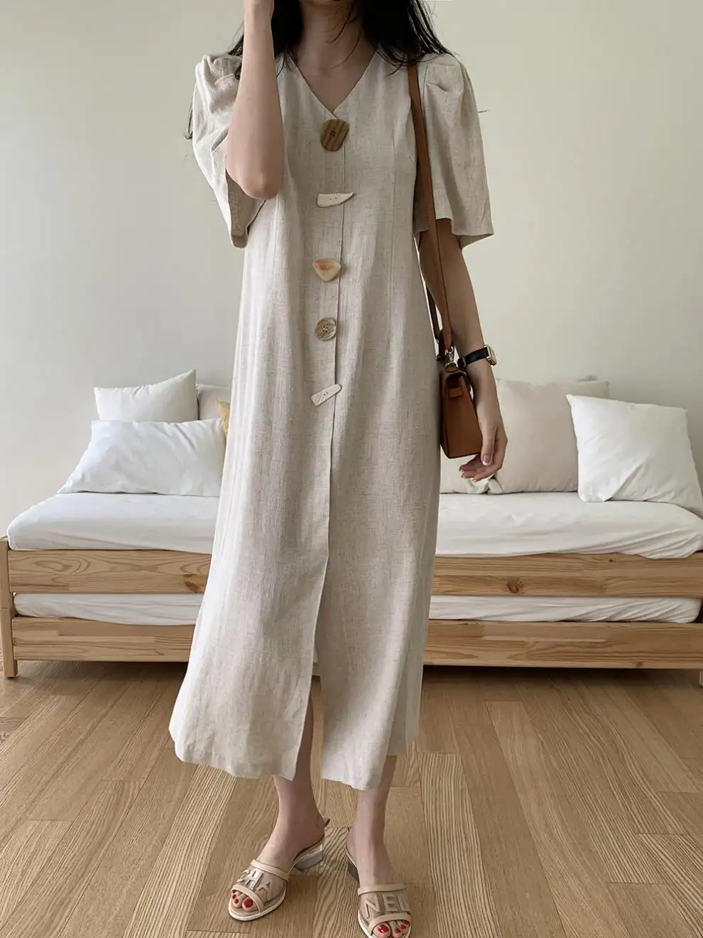 Korean Style Retro Japanese Chic Button Over The Knee Dress