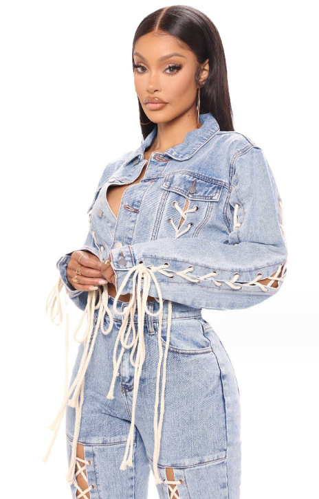 Title 5, Lace-up Denim Coat For Women