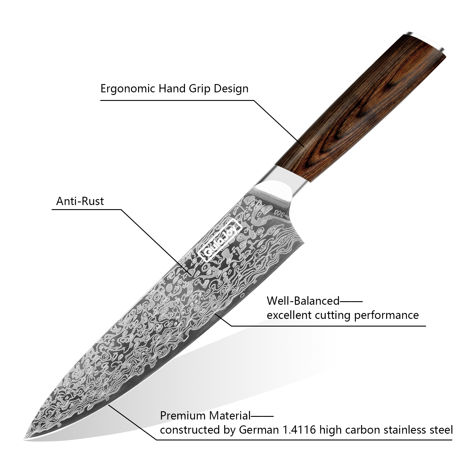 Qulajoy Japanese Chef Knife  Kitchen Knife High Carbon German Steel Cooking Knives Damascus Pattern Japanese Knife With Ergonomic Handle For Home Kitchen Outdoor — foto 10