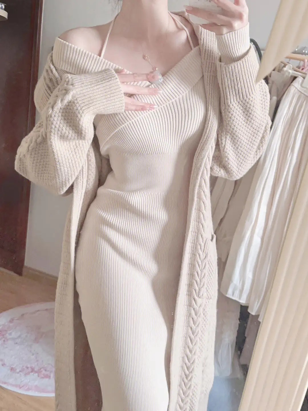 French Pure Desire Off-shoulder Halter Knitted Dress Sweater
