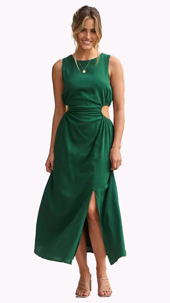 Sweet Style Solid Color Waist Tight Round Neck Dress