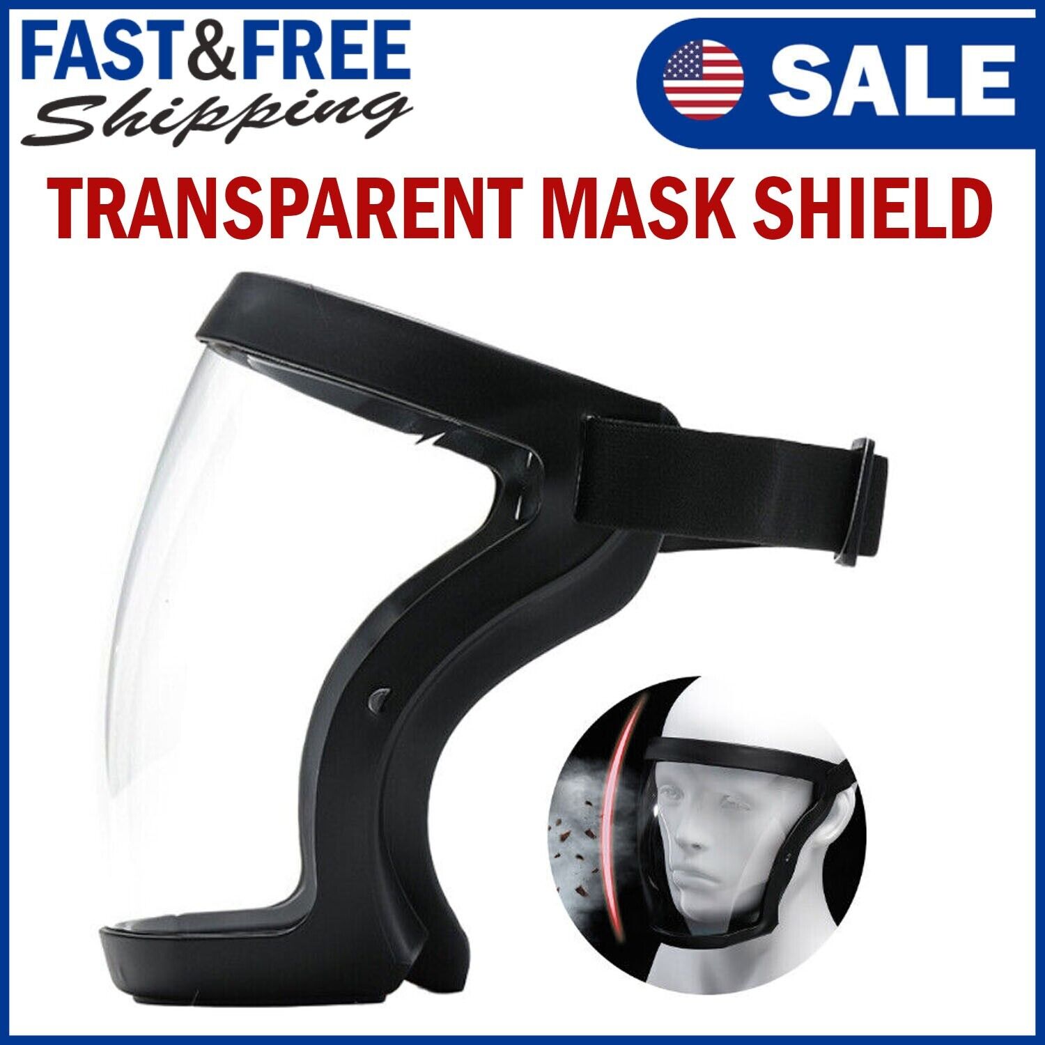 Protective anti-fog face shield head cover. We ship only inside the US, USPS First Class Package 2 Day Handling, 2-5 Day Shipping. Full face super protective mask anti-fog shield safety transparent head cover. Full protection - Serves as a safety shield f