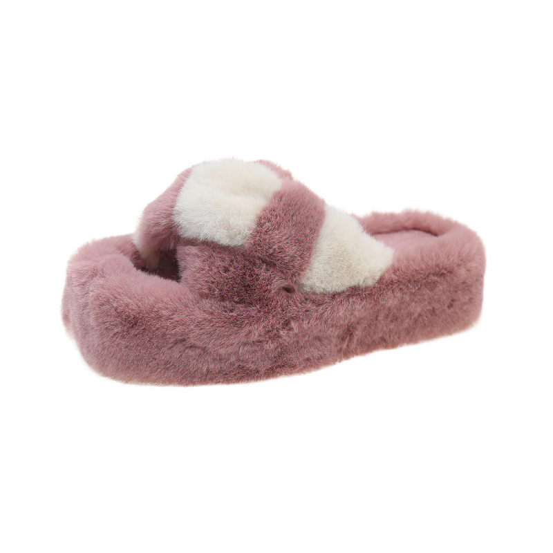 Color Matching Cross Fluffy Slippers Female Autumn And Winter