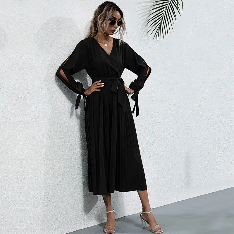 Women's Long Sleeve V-neck Hollow Pleated Lace-up Dress
