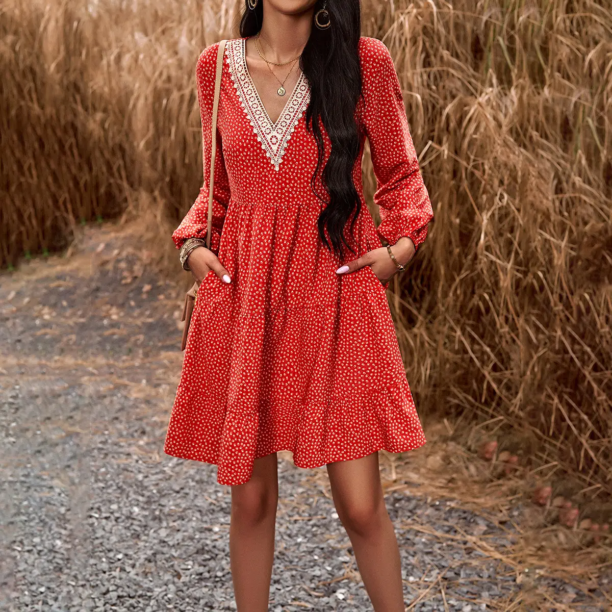 Fall Women's New Temperament Leisure V-neck Long-sleeve Dress