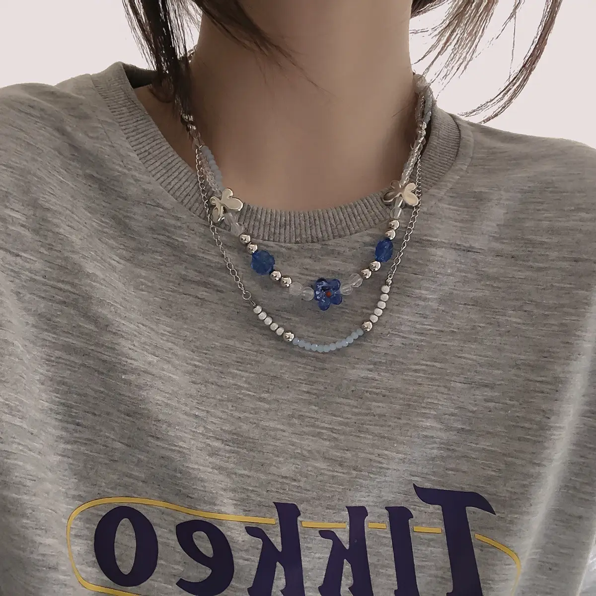Special-interest Design Double-layer Stacked Dyke Lein Blue Flower Butterfly Transparent Necklace For Women
