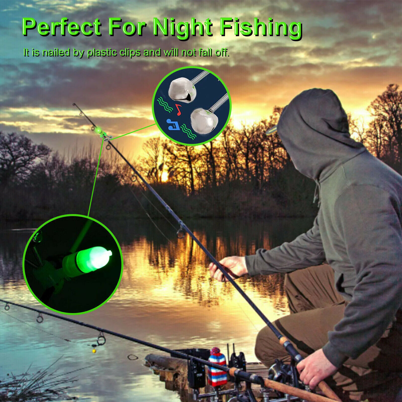 Fishing Rod Alarm Bell Clip, US shipping, USPS First Class Package, 2 Day Handling, 2-5 Day Shipping. LED Night Fishing Bait Bite Alarm Twin 2 Bells Light Rod Tip Clip Alert Ring by KTATMARKETING. Perfect For Night Fishing: Made of plastic clip and dual m